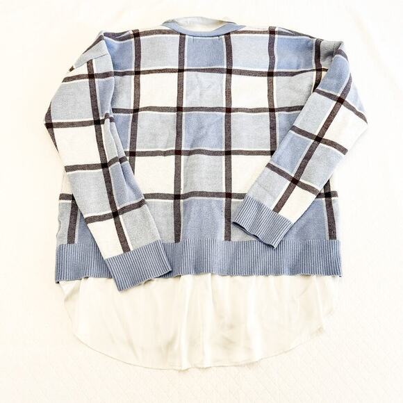 Rachel Zoe Blue Plaid Sweater Long Sleeve 2-in-1 Top Workwear Size L - Picture 2 of 5